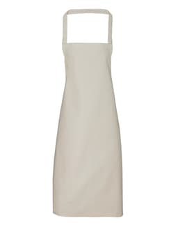 A light beige organic cotton bib apron with adjustable straps and a logo. Perfect for workwear.