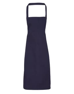 A navy blue 100% organic cotton bib apron with a simple design and a logo.