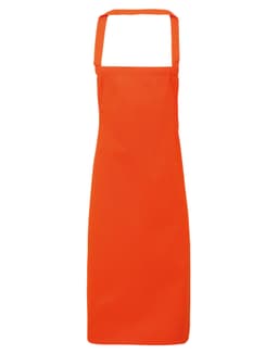 An orange bib apron made from 100% organic cotton, featuring a simple design and a logo.