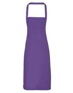 A purple bib apron made from 100% organic cotton, featuring a neck strap and a simple design.