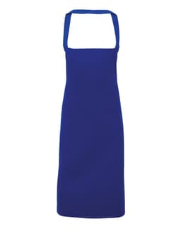 A blue organic cotton bib apron with adjustable straps and a simple design. It features a logo or branding.