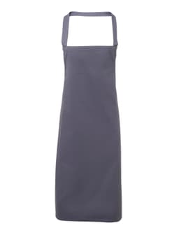 A grey apron made from 100% organic cotton, featuring a simple design and an adjustable neck strap.