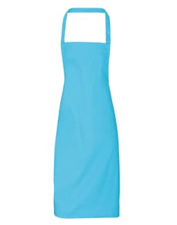 A blue bib apron made from 100% organic cotton, featuring a simple design and an adjustable neck strap.