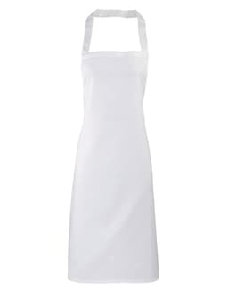 A white bib apron made from 100% organic cotton, featuring a logo on the front and an adjustable neck strap.