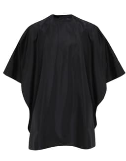 A black waterproof salon gown with a loose, flowing design and batwing sleeves. It features a logo on the front.