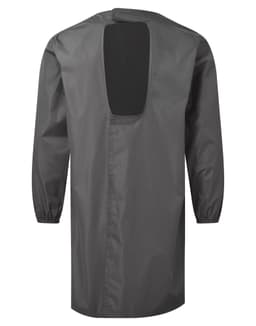 A grey all-purpose waterproof gown with long sleeves and an open back, featuring a logo.