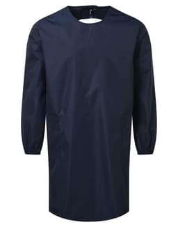 A navy blue all-purpose waterproof gown with long sleeves and side pockets. Features a logo on the front.