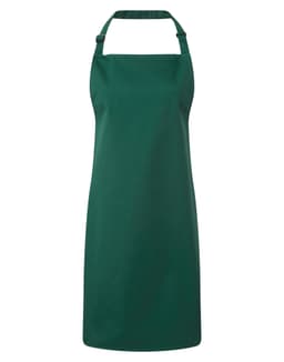 A dark green bib apron with adjustable neck straps and a solid design. It features a branding logo.