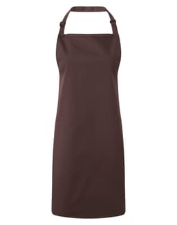 A brown bib apron with a halter neck design. The apron features an adjustable neck strap and has a logo.