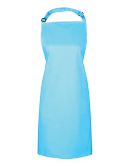 A light blue bib apron with an adjustable strap and a logo. Suitable for chefwear and kitchen uniforms.