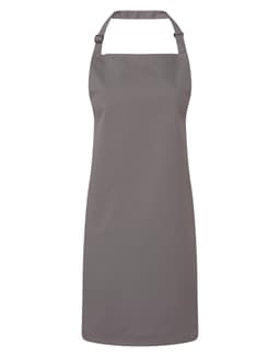 A grey bib apron featuring a neck strap and no visible pockets. It has a branding logo.