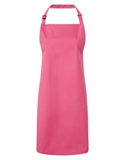 A pink bib apron featuring a neck strap and a branding logo. Suitable for chefwear and uniforms.