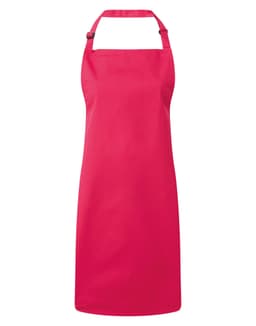 A pink bib apron with an adjustable neck strap and a plain design, featuring a branding logo.