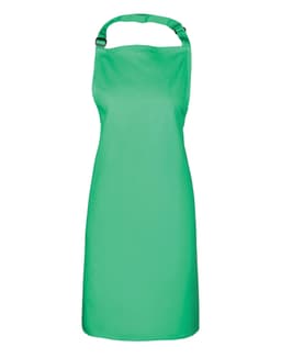 A green bib apron with an adjustable neck strap, designed for chefs and kitchen use. Features a logo on the front.