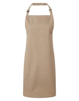 A beige bib apron with a classic design, featuring an adjustable neck strap and a logo. Suitable for chefwear.