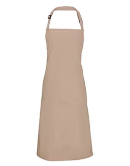 A tan bib apron designed for chefs, featuring an adjustable neck strap and a branding logo.