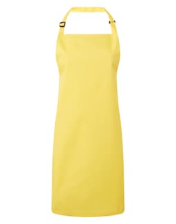 A yellow bib apron with adjustable neck straps and a simple design. It features a logo on it.