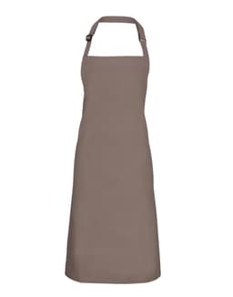 A brown bib apron with an adjustable neck strap and a solid design. It features a logo on the front.