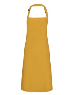 A yellow bib apron with an adjustable strap and a simple design, featuring a logo.
