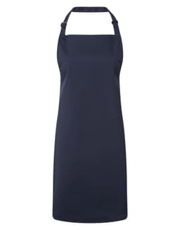 A navy blue bib apron with a neck strap and a plain design, featuring a branding logo.