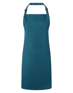 A teal bib apron with an adjustable neck strap, featuring a simple design and no visible logo.