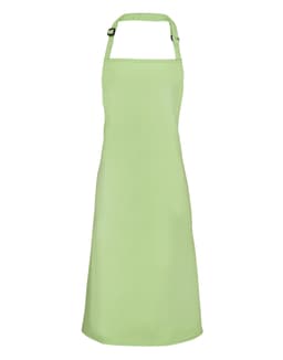 A green bib apron with adjustable neck straps. It features a logo but no visible text or badges.