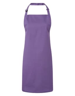 A purple bib apron with a neck strap and a logo at the top. Suitable for chefwear uniforms.