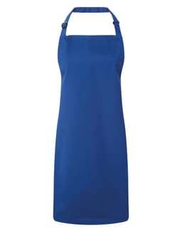 A blue bib apron featuring a neck strap and an adjustable design. It includes a logo branding.