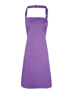 A purple bib apron featuring a halter neck design and a logo on the front.
