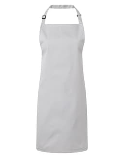 A grey bib apron featuring a neck strap and adjustable sides, suitable for chefwear. It includes a logo.