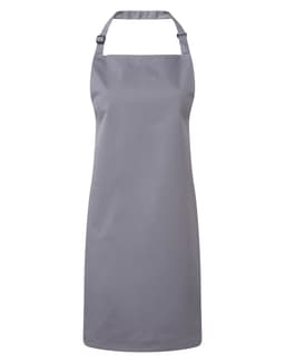 A grey bib apron with a neck strap and adjustable fastening, featuring a logo. Suitable for chefwear uniforms.