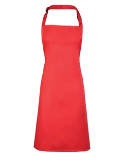 A red bib apron with a neck strap, featuring a simple design and no visible logos.