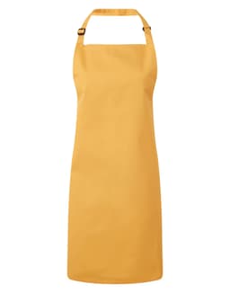 A yellow bib apron with an adjustable neck strap and a uniform design. It features a logo at the top.