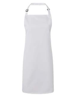 A white bib apron with adjustable neck straps and a minimalist design, featuring a logo on the side.