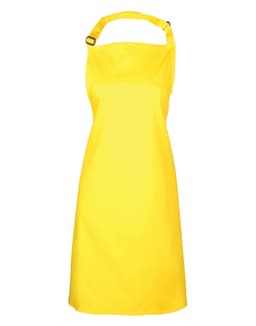 A bright yellow chef bib apron with a halter neck and adjustable strap, featuring a logo.