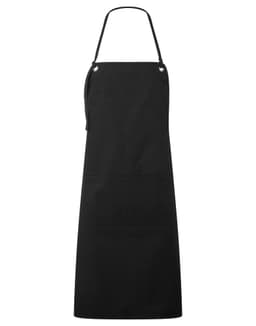 A black canvas apron featuring double pockets and an adjustable neck strap, with a logo present.