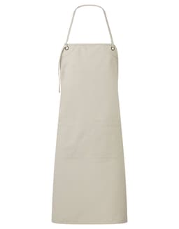 A beige canvas apron featuring double pockets and an adjustable neck strap. It has a simple design and includes a logo.