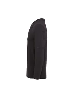 A black long sleeve tee with roll sleeves and a logo on the sleeve. Side view showcasing the fit.