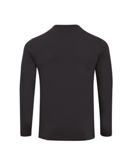 A black Long John Roll-Sleeve Tee with a simple design and long sleeves, featuring a logo on the back.