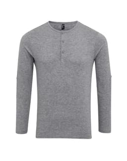 A grey long sleeve tee with roll sleeves and a buttoned placket, featuring a logo.
