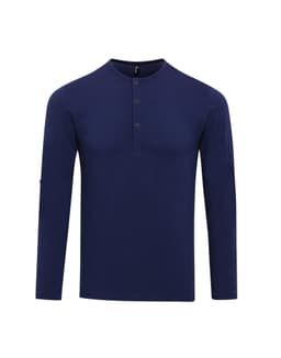 A navy long sleeve tee featuring a buttoned henley neckline and a logo on the sleeve.