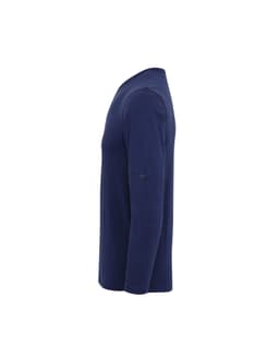 A long-sleeve tee in navy blue with roll sleeves and a logo on the side.
