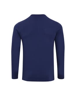A navy long sleeve tee with a roll sleeve design, featuring a logo on the back.