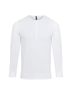 A white long sleeve roll-sleeve tee featuring a button placket and a logo.