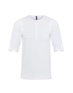 A white Long John Roll-Sleeve Tee with roll-up sleeves and a buttoned front. It features a logo on the neckline.