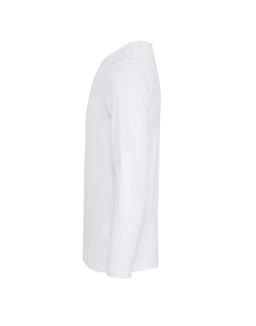 A white long sleeve tee with roll sleeves, featuring a side view and a logo on the sleeve.