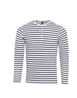 A long sleeve tee featuring a white background with navy stripes and a buttoned neck. It includes a logo.