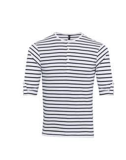 A striped Long John roll-sleeve tee in white and navy with rolled sleeves and a buttoned neckline.