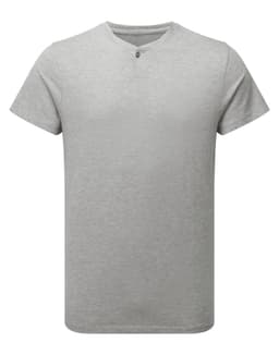 A grey cotton-rich T-shirt featuring a simple design and a small button detail at the neckline. It includes a logo.