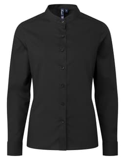 A black banded collar long-sleeve shirt with a button-up front and a logo.